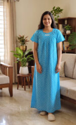 Traditional Cotton Nighty, 57 Inches Length - Blue lines - Image 2