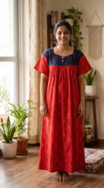 Front Open Cotton Nighty With Buttons, 57 Inches - Red - Image 2