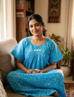 Traditional Cotton Nighty, 57 Inches Length - Blue