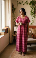 Front Open Cotton Nighty With Buttons, 55 Inches - Image 2