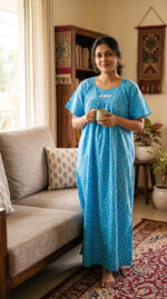 Traditional Cotton Nighty, 57 Inches Length - Blue - Image 2