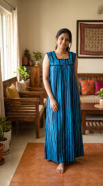 Front Open Cotton Nighty With Buttons, 55 Inches, Sleeveless - Blue - Image 2
