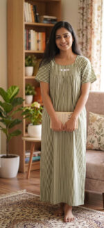 Traditional Cotton Nighty, 57 Inches Length - Green - Image 2