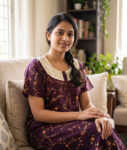 Churidar Model Cotton Nighty With Buttons, Hacoba Yoke, 55 Inches - Grape Vine