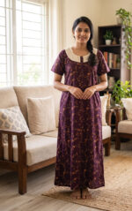 Churidar Model Cotton Nighty With Buttons, Hacoba Yoke, 55 Inches - Grape Vine - Image 2