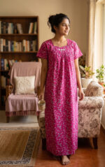 Traditional Cotton Nighty, 57 Inches Length - Rose - Image 2