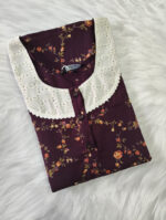 Churidar Model Cotton Nighty With Buttons, Hacoba Yoke, 55 Inches - Grape Vine - Image 3