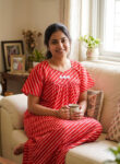 Traditional Cotton Nighty, 57 Inches Length - Red lines