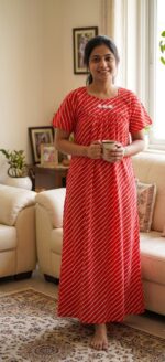 Traditional Cotton Nighty, 57 Inches Length - Red lines - Image 2