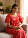 Traditional Cotton Nighty, 57 Inches Length - Red