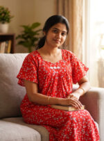 Traditional Cotton Nighty, 57 Inches Length - Red