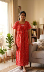 Traditional Cotton Nighty, 57 Inches Length - Red - Image 2