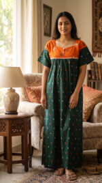 Front Open Cotton Nighty With Buttons, 57 Inches - Dark Green - Image 2