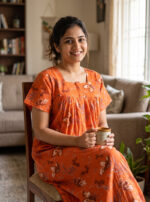 Front Open Cotton Nighty With Zip, 55 Inches - Dark Peach