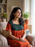 Front Open Cotton Nighty With Buttons, 57 Inches - Orange