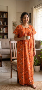 Front Open Cotton Nighty With Zip, 55 Inches - Dark Peach - Image 2
