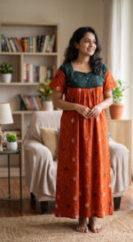 Front Open Cotton Nighty With Buttons, 57 Inches - Orange - Image 2