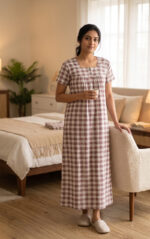 Front Open Cotton Nighty With Buttons, 55 Inches - Image 2