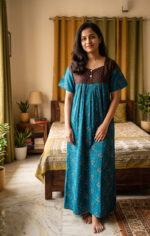 Front Open Cotton Nighty With Buttons, 57 Inches - Blue - Image 2