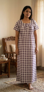 Front Open Cotton Nighty With Buttons, 55 Inches - Image 2