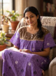 Front Open Cotton Nighty With Buttons, 57 Inches - Violet