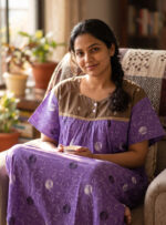 Front Open Cotton Nighty With Buttons, 57 Inches - Violet
