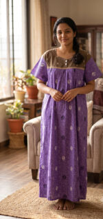 Front Open Cotton Nighty With Buttons, 57 Inches - Violet - Image 2