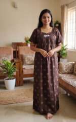 Traditional Cotton Nighty, 57 Inches Length - Brown - Image 2