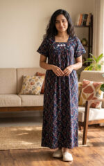 Traditional Cotton Nighty, 55 Inches Length - Dark Blue - Image 2