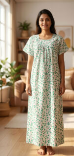 Traditional Cotton Nighty, 55 Inches Length - White + Green flowers - Image 2