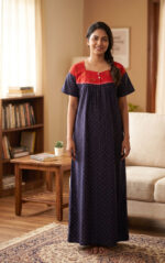Front Open Cotton Nighty With Buttons, 57 Inches - Blue - Image 2
