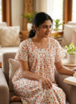 Traditional Cotton Nighty, 55 Inches Length - White + Orange flowers