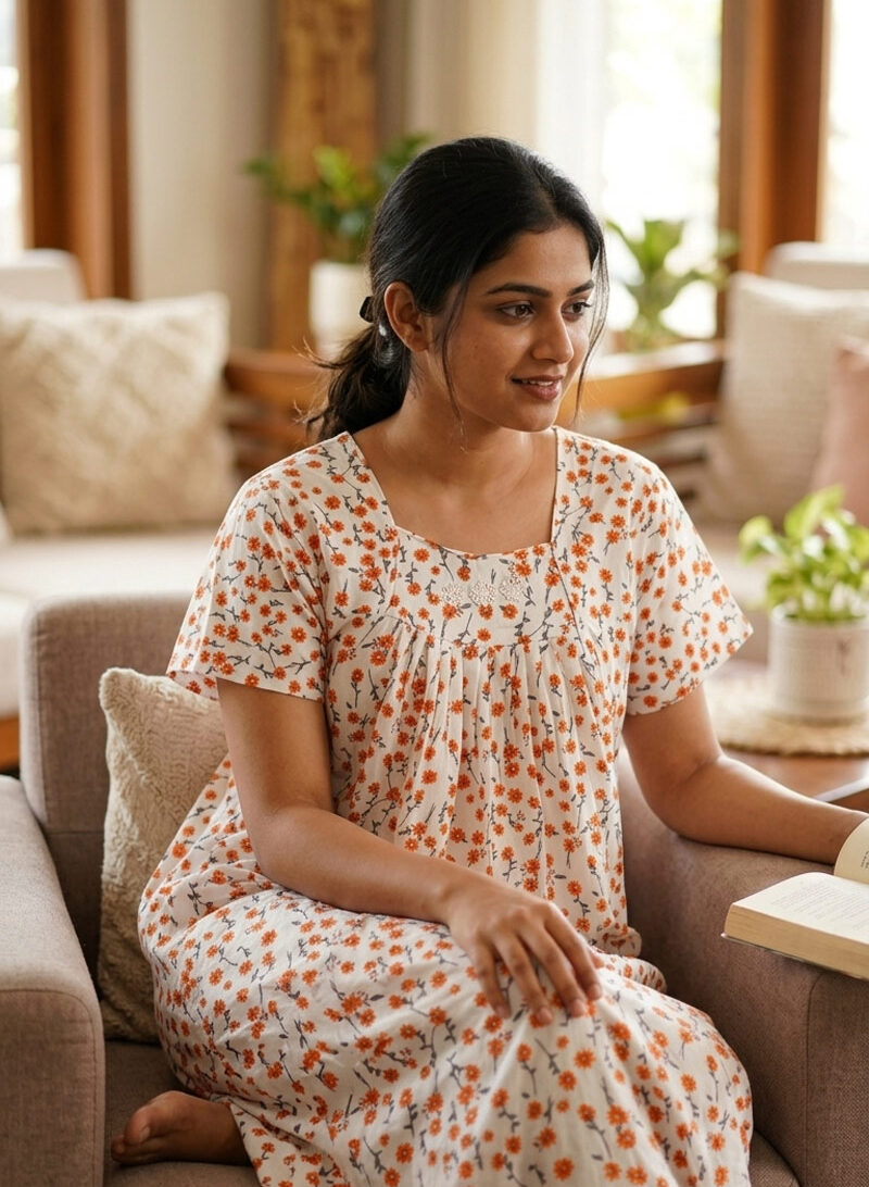 G1 Traditional Cotton Nighty, 55 Inches Length - White + Orange flowers - Image 1