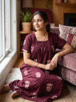 Front Open Cotton Nighty With Buttons, 55 Inches - Maroon