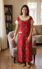 Churidar Model Ajrakh Cotton Nighty With Buttons, 55 Inches - Red - Image 2