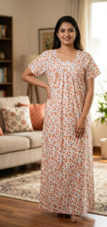 Traditional Cotton Nighty, 55 Inches Length - White + Orange flowers - Image 2