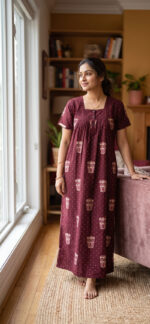 Front Open Cotton Nighty With Buttons, 55 Inches - Maroon - Image 2