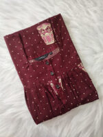 Front Open Cotton Nighty With Buttons, 55 Inches - Maroon - Image 3