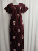 Front Open Cotton Nighty With Buttons, 55 Inches - Maroon - Image 4