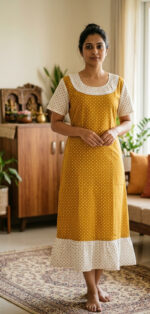 Short And Trendy Cotton Nighty - Yellow + White - Image 2