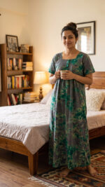 Front Open Cotton Nighty With Buttons, 55 Inches - Ash + Green - Image 2