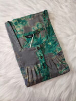 Front Open Cotton Nighty With Buttons, 55 Inches - Ash + Green - Image 3