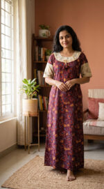 Churidar Model Ajrakh Cotton Nighty With Buttons, 55 Inches - Maroon - Image 2