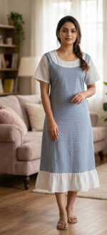 Short And Trendy Cotton Nighty - Ash + White - Image 2