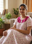 Churidar Model Cotton Nighty With Buttons, Hacoba Yoke, 55 Inches - White