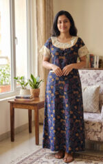 Churidar Model Ajrakh Cotton Nighty With Buttons, 55 Inches - Blue - Image 2