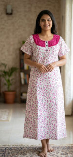 Churidar Model Cotton Nighty With Buttons, Hacoba Yoke, 55 Inches - White - Image 2