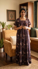 Front Open Cotton Nighty With Buttons, 55 Inches - Brown + Ash - Image 2