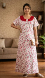 Churidar Model Cotton Nighty With Buttons, Hacoba Yoke, 55 Inches - White - Image 2