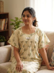 Traditional Cotton Nighty, 57 Inches Length - Cream + Green